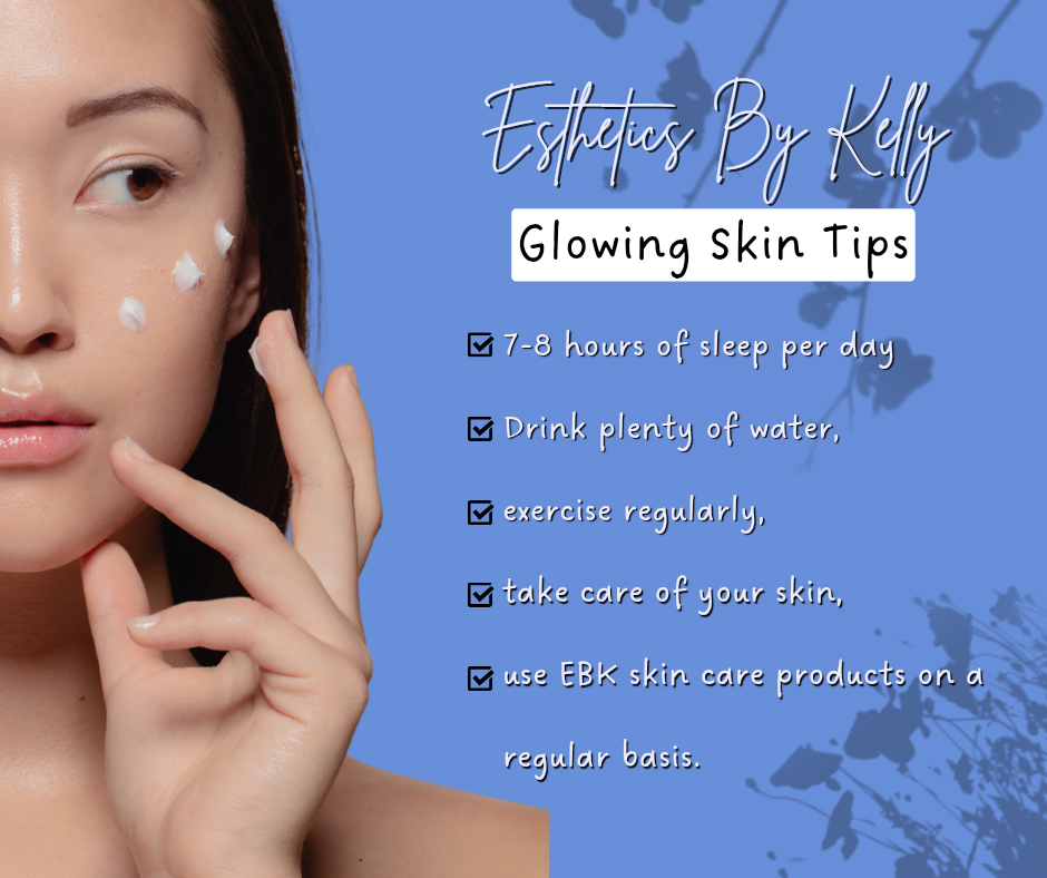 Woman applying skincare cream to face, glowing skin tips checklist on blue background