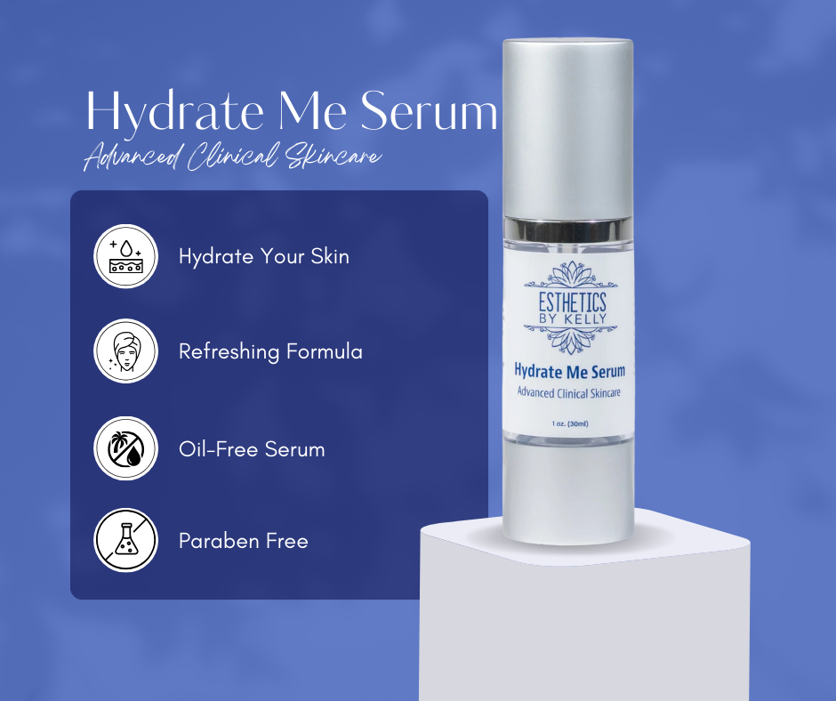 Hydrate Me Serum bottle on display with icons highlighting hydrating, oil-free, paraben-free skincare benefits.