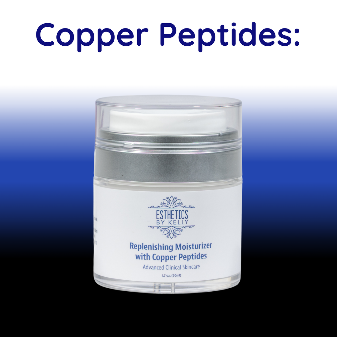 Replenishing moisturizer with copper peptides in a clear pump jar on a blue gradient background.
