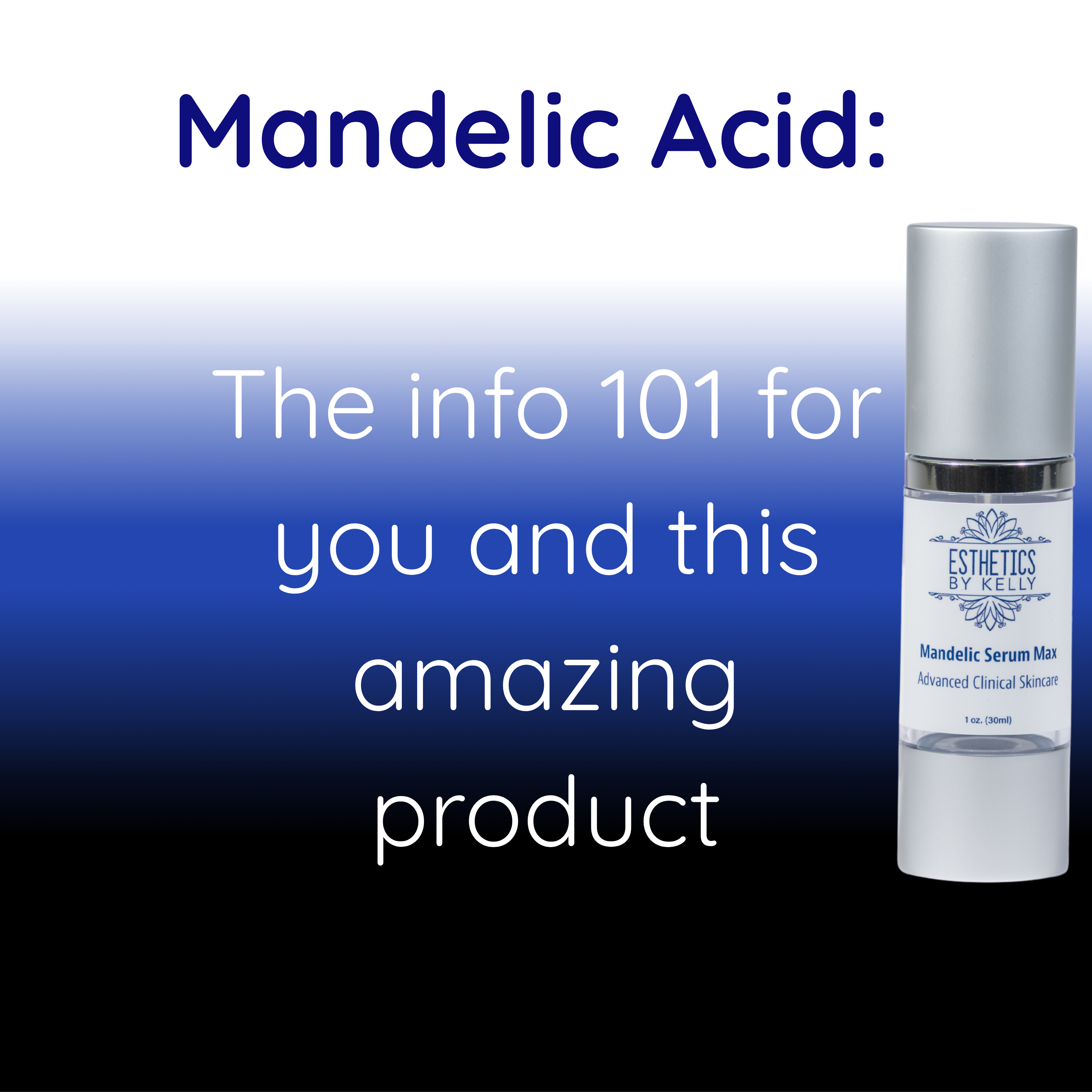 Mandelic Acid Serum Max skincare bottle with text about product benefits on blue gradient background