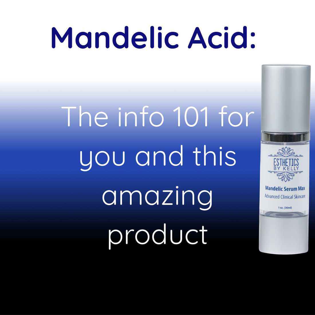 Mandelic Serum Max skincare bottle with text about mandelic acid benefits on blue background