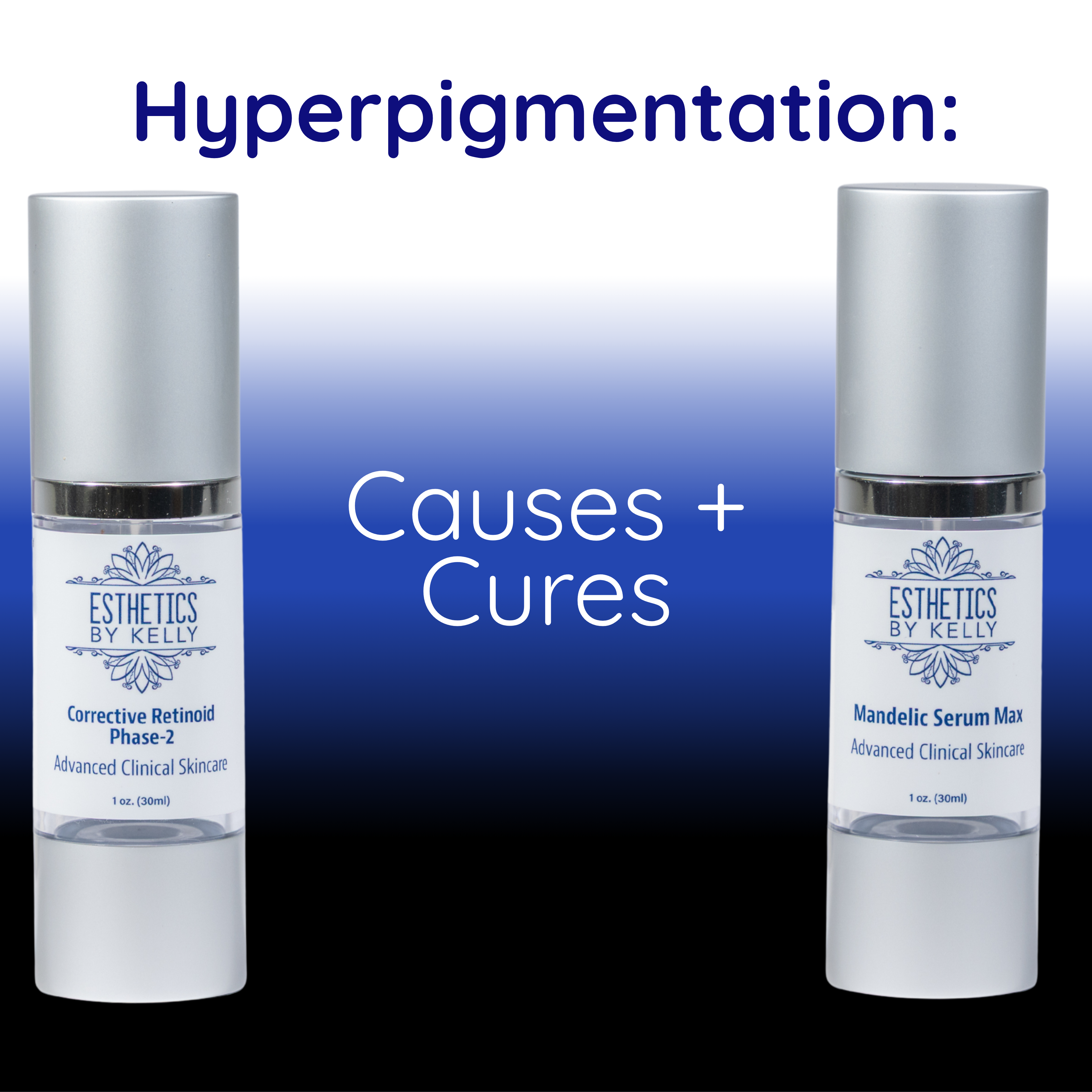 Corrective retinoid and mandelic serum bottles for hyperpigmentation skincare.