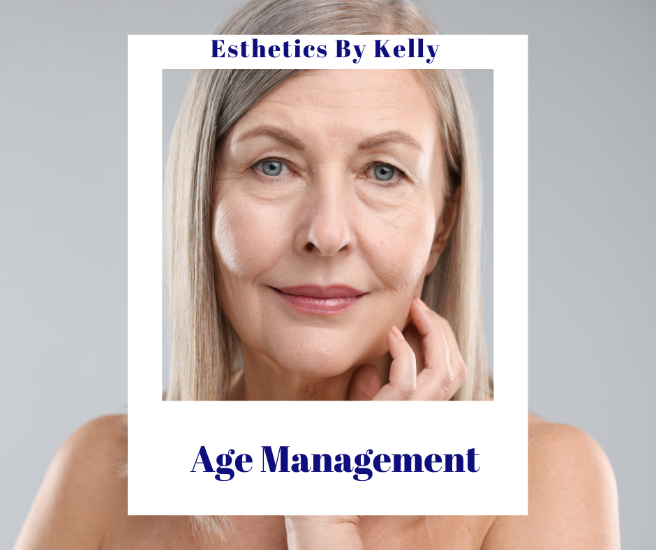 Mature woman with healthy skin, silver hair, age management skincare banner.