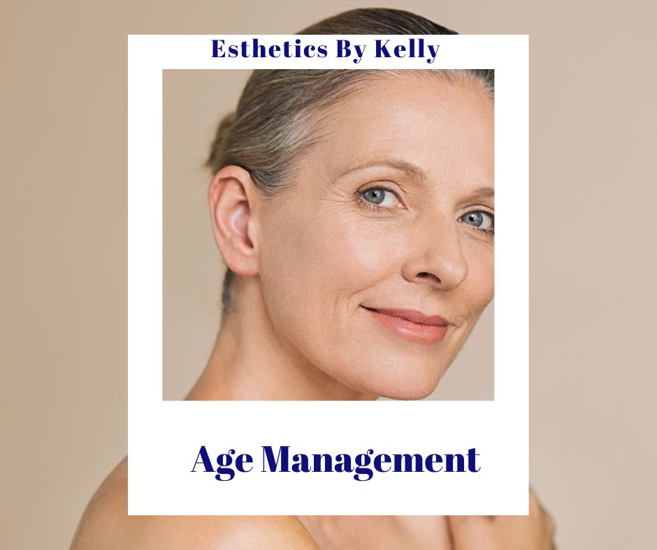 Mature woman with healthy skin, silver hair, age management skincare banner.