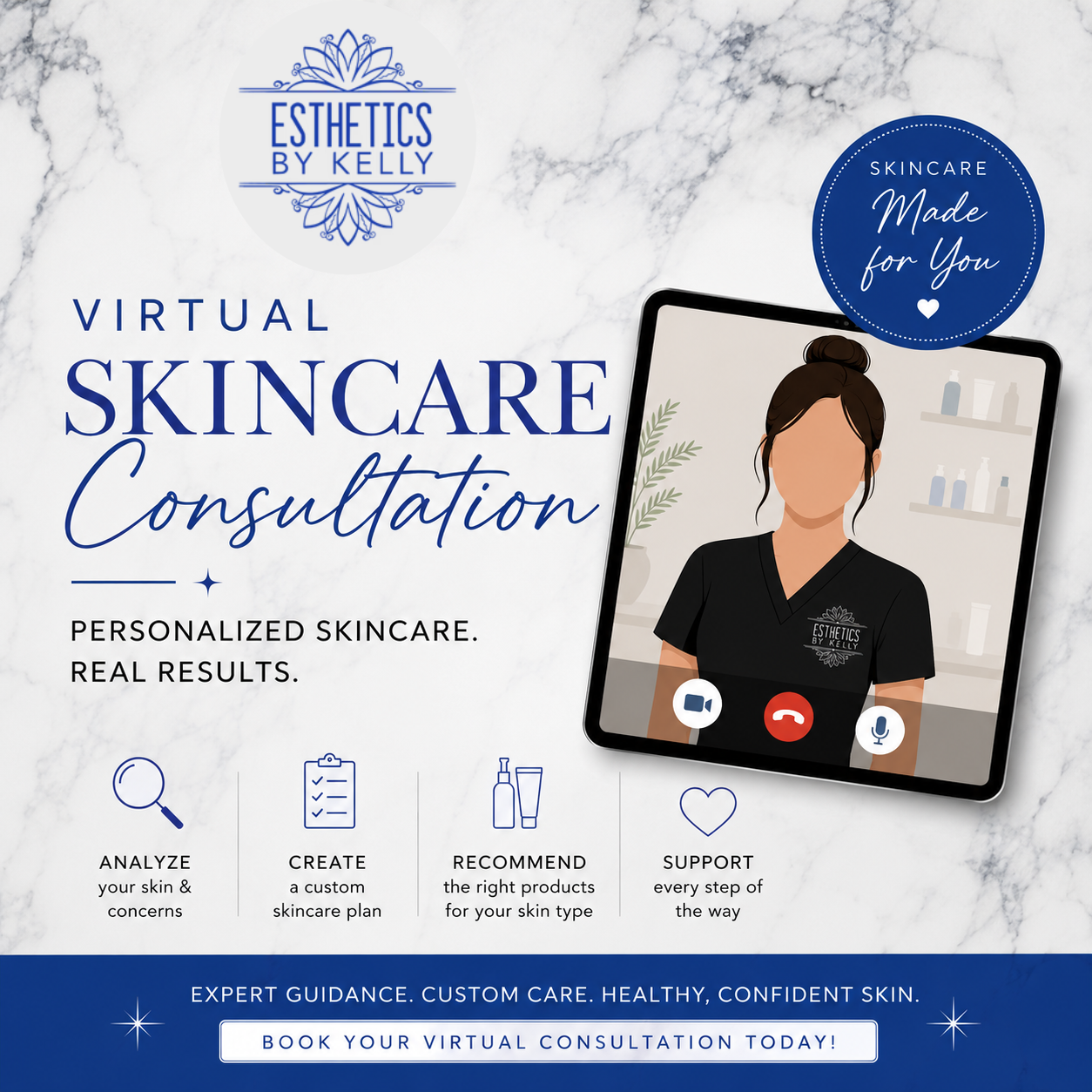 Advertisement for Esthetics by Kelly's virtual skincare consultation service on a marble background.