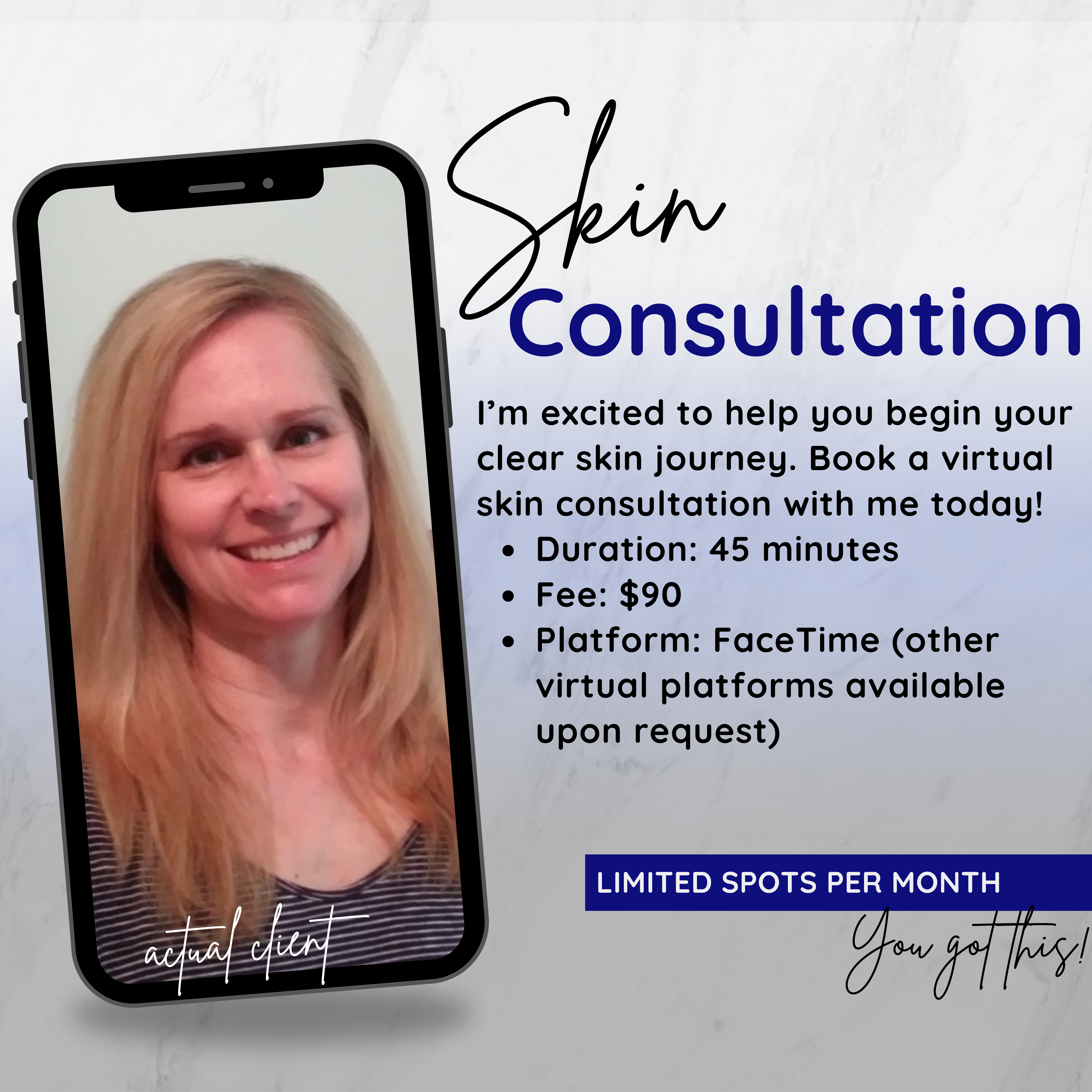 Promotional graphic for virtual skin consultation with a smiling woman on a phone screen.