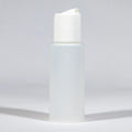 Clear plastic skincare bottle with white flip-top cap on a plain background